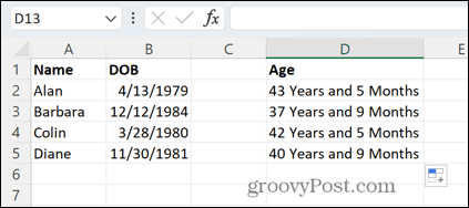 Excel vecums gados un mēnešos