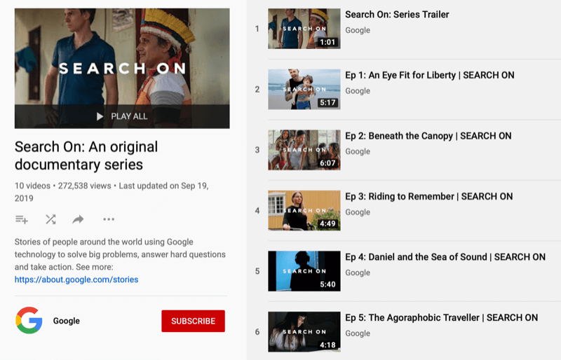 YouTube atskaņošanas saraksts Google Docuseries Search On