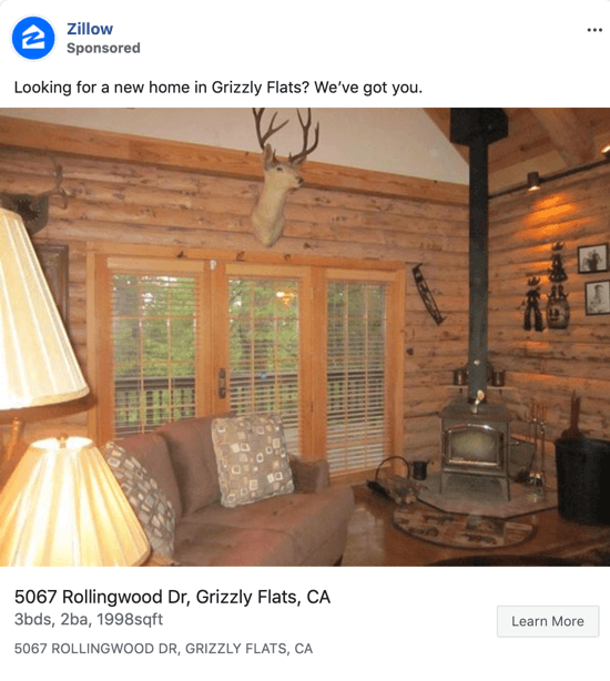 Labāka Facebook reklāmas kopija, izmantojot atrašanās vietas pieminēšanu, 1. piemērs.