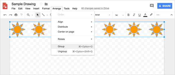 Kad esat izveidojis pirmo rindu, atlasiet katru kopiju un izvēlieties Sakārtot> Grupēt.