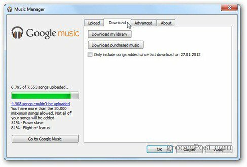 google mūzikas lejupielādes cilne
