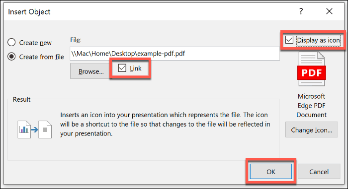 PDF faila kā objekta ievietošana programmā PowerPoint