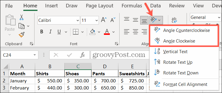 Lai pagrieztu tekstu, programmā Excel izvēlieties orientācijas leņķi