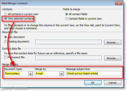Outlook 2010 ekrānuzņēmums — pārbaudiet, vai pasta sapludināšanas kontaktpersonu opcijas ir pareizas
