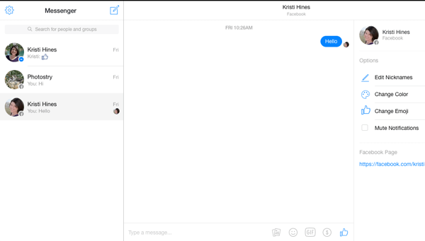 facebook Messenger ekrāns darbvirsmas pārlūkprogrammā