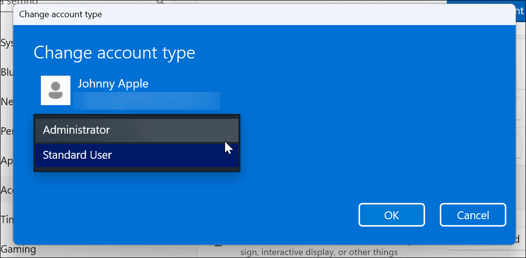 Mainiet konta veidu operētājsistēmā Windows 11