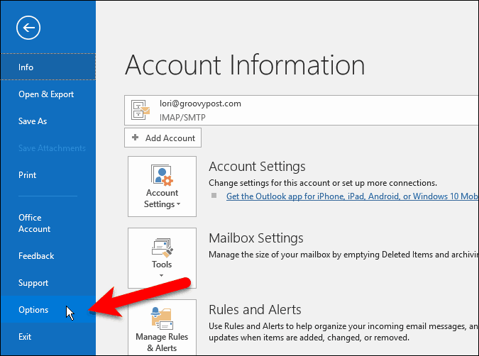 Programmā Outlook dodieties uz Fails> Opcijas