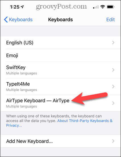 IPhone tastatūru sarakstā pieskarieties AirType Keyboard