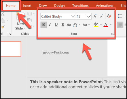 Runātāja piezīmju formatēšana pakalpojumā PowerPoint