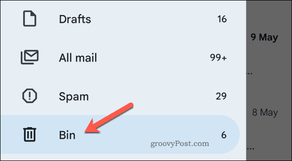 Miskastes atvēršana pakalpojumā Gmail mobilajā ierīcē