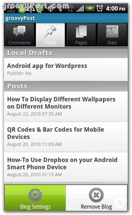 WordPress vietnē Android Posts pārskatīšana - melnraksti