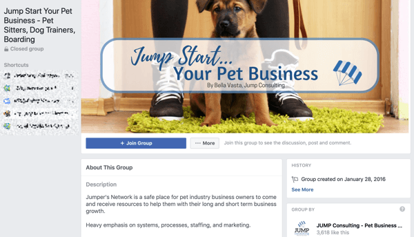 Kā izmantot Facebook grupas funkcijas, grupas piemērs Jump Start Your Pet Business