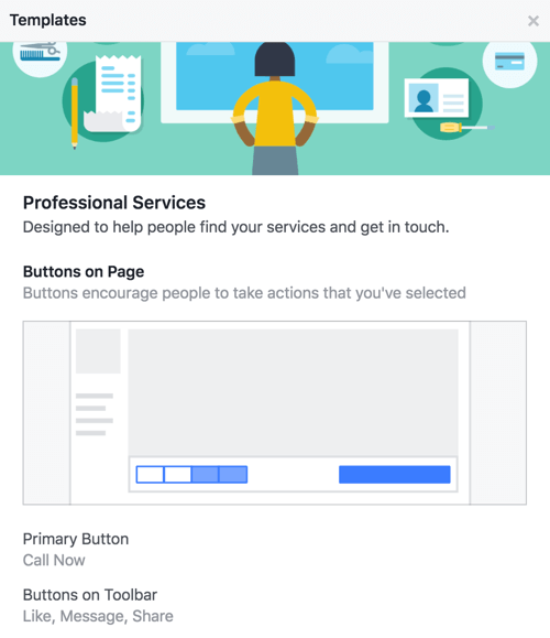 Uzziniet, kuras pogas un aicinājumi uz darbību ir pievienoti jūsu Facebook lapas veidnei.