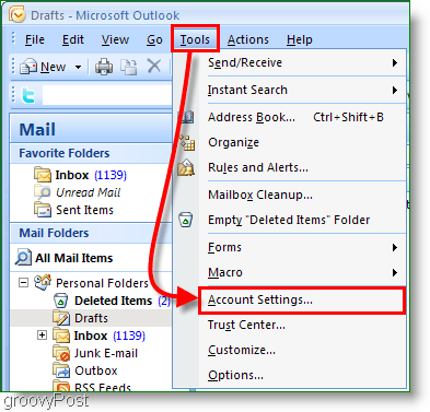 Outlook 2007 kalendāra ekrānuzņēmums - konta iestatījumi