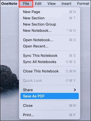 Saglabāt kā PDF OneNote Mac