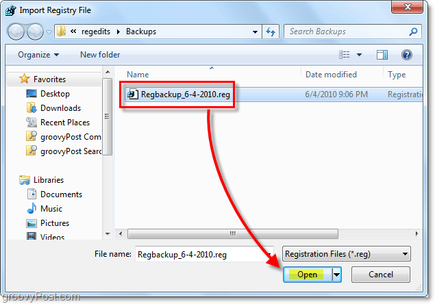 reģistra atjaunošanas atlase Windows 7 un vista importēšanai