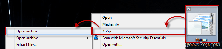 Windows 7 konteksta izvēlne, izmantojot 7 zip