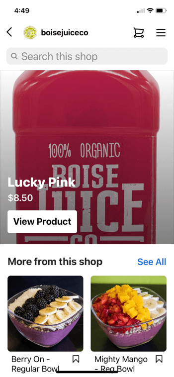 piemērs instagram produktu iepirkšanai no @boisejuiceco, parādot laimīgo rozā krāsu par 8,50 ASV dolāriem un vairāk nekā no šī veikalā parādās ogu regulāra bļoda un varena mango bļoda kopā ar iespēju meklēt veikalā
