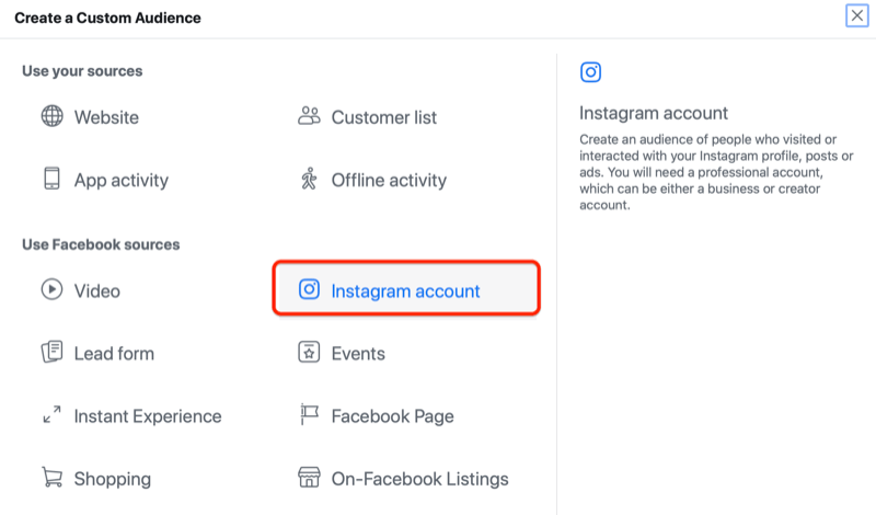 facebook reklāmu pārvaldnieks izveido pielāgotu mērķauditorijas izvēlni ar iezīmētu instagram konta opciju