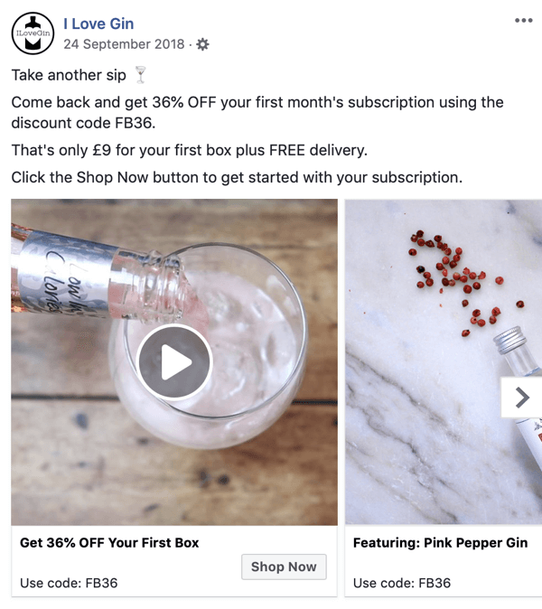 Kā izveidot Facebook sasniedzamības reklāmas, 8. darbība. I Love Gin reklāmas materiālu piemērs