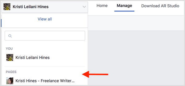 Lai savam pasākumam izveidotu Facebook rāmi, dodieties uz Manage Effects un atlasiet savu Facebook lapu.
