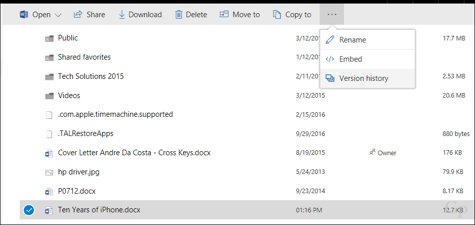 Atjaunojiet iepriekšējās OneDrive failu versijas