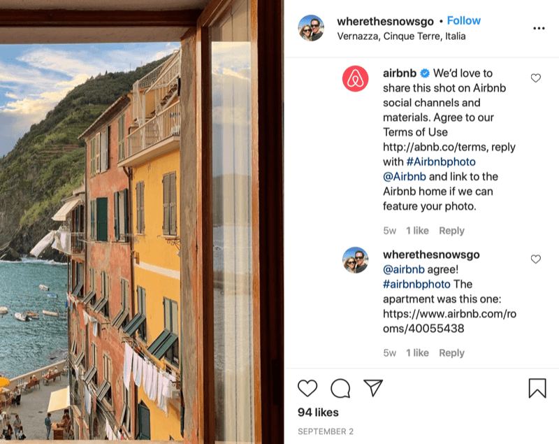 instagram rakstiskas atkārtotas publicēšanas atļaujas piemērs starp @wherethesnowsgo un @airbnb ar airbnb, lūdzot dalīties ar foto un informācija par to, kā sniegt apstiprinājumu, un @wherethesnowsgo atbilde, ar kuru tiek atļauts atkārtoti kopīgot bilde
