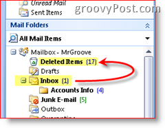 Programmas Outlook 2007 ekrānuzņēmums, kurā paskaidrots, ka izdzēstie vienumi tiek pārvietoti uz izdzēsto vienumu mapi
