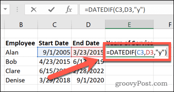 Excel pabeigt datedif funkciju