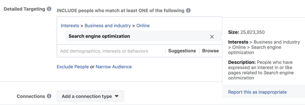 Standarta Facebook mērķauditorijas atlases piemērs interešu meklētājprogrammu optimizācijai, kā rezultātā pārāk liela auditorija sasniedz 25 miljonus.