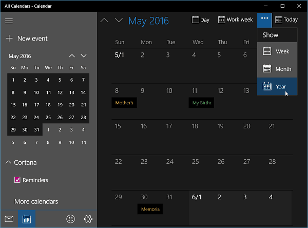 Kalendāra lietotne operētājsistēmai Windows 10 Insider Build 11099 tiek parādīta gada skatā