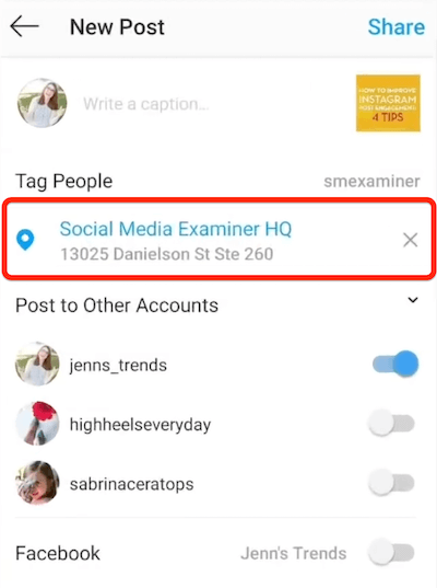 instagram new post opcija, kurā parādīta marķēšanai atlasītā vieta