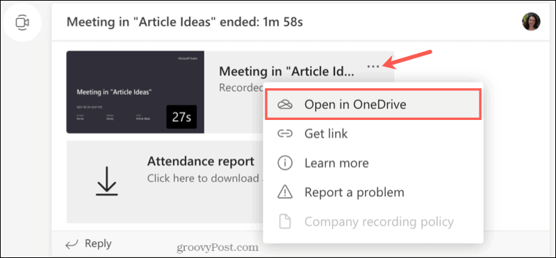 Kanālu ieraksts ir atvērts programmā OneDrive