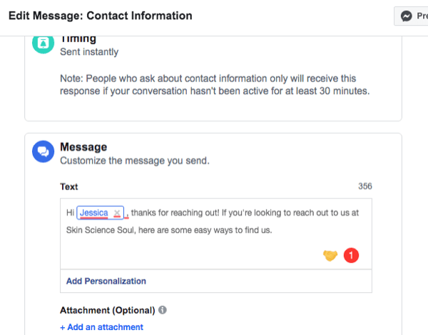 iestatīšanas saskarnes ekrānuzņēmums automātiskai atbildēšanai uz Facebook Messenger kontaktinformāciju