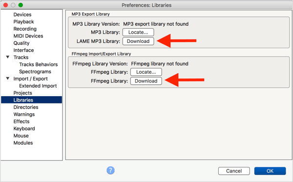 Instalējiet papildu LAME MP3 kodētāju un FFmpeg bibliotēku ar Audacity.