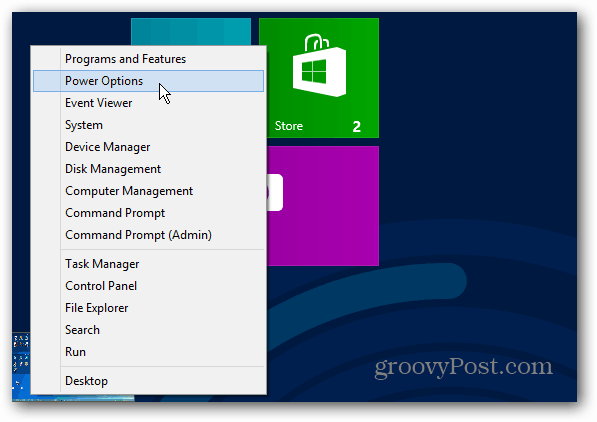 Barošanas izvēlne Windows 8 sākuma ekrāns
