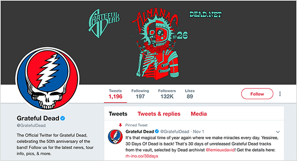 Šis ir vietnes Grateful Dead Twitter ekrānuzņēmums. Vāka fotoattēlam ir melns fons un sarkana un tirkīza ilustrācija personai, kas ir puse skeleta un puse kosmonauta. Profila fotoattēls ir Grateful Dead logotips, kas ir aplis, kas ir puse zila un puse sarkana. Apļa iekšpusē ir balta galvaskauss. Galvaskausa smadzeņu zonā ir vēl viens aplis, kas ir pa pusei sarkans un pa pusei zils, un balts zibens treknraksts apli sadala divās daļās. Sets Godins saka, ka koncerti Grateful Dead piedāvāja pieredzi, kas atspoguļo uzticības un spriedzes principus, kurus viņš apspriež savā jaunajā grāmatā par mārketingu.