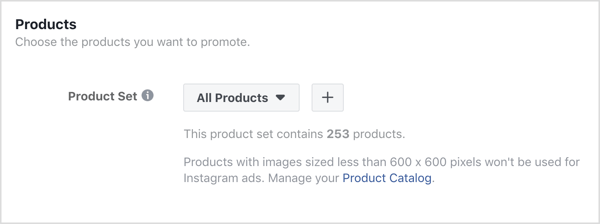 Noklikšķiniet uz + zīmes sadaļā Produkti savas Facebook kampaņas reklāmas līmenī.