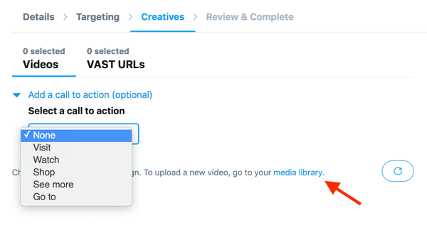 Iespējas, lai iestatītu aicinājumu uz darbību savam čivināt mitinātajam videoklipam jūsu klipā ievietoto video skatījumu (pirms videoklipa) Twitter reklāmai.