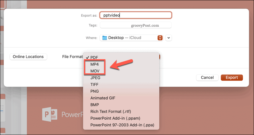 Eksporta faila formāta izvēle programmā PowerPoint Mac