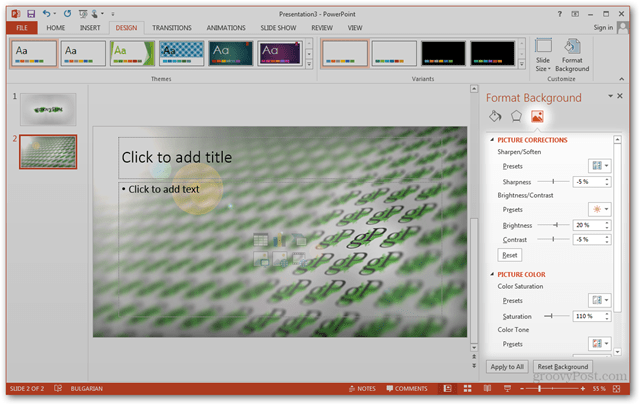 Office 2013 veidne Izveidot Pielāgojiet dizainu POTX Slaidu slaidu pielāgošana Apmācība Kā attēlu rūtī tweaks rediģēt attēlus Fotoattēli
