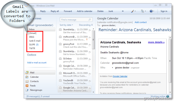 e-pasta klients Windows Live Mail, gmail etiķetes tiek pārveidotas par mapēm Windows Live Mail