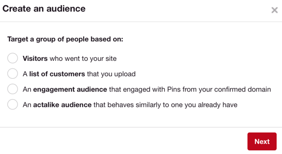 Pinterest auditorija darbojas līdzīgi Facebook pielāgotajām auditorijām.