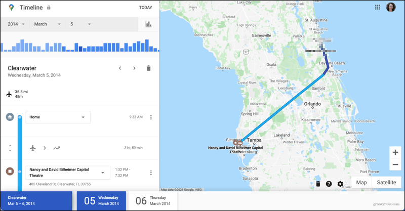Ceļojuma informācija Google Maps laika skalā