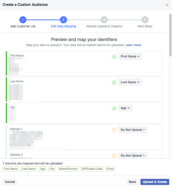 Pārliecinieties, ka lauki, kurus Facebook atklāj jūsu CSV failā, ir pareizi kartēti kategorijām, kuras Facebook saprot.