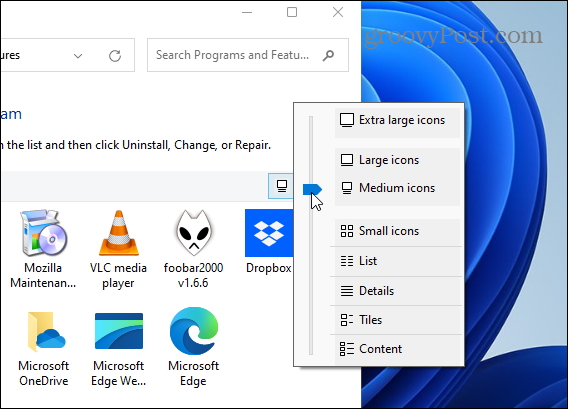Mainīt lietotnes ikonas lieluma vadības paneli Windows 11