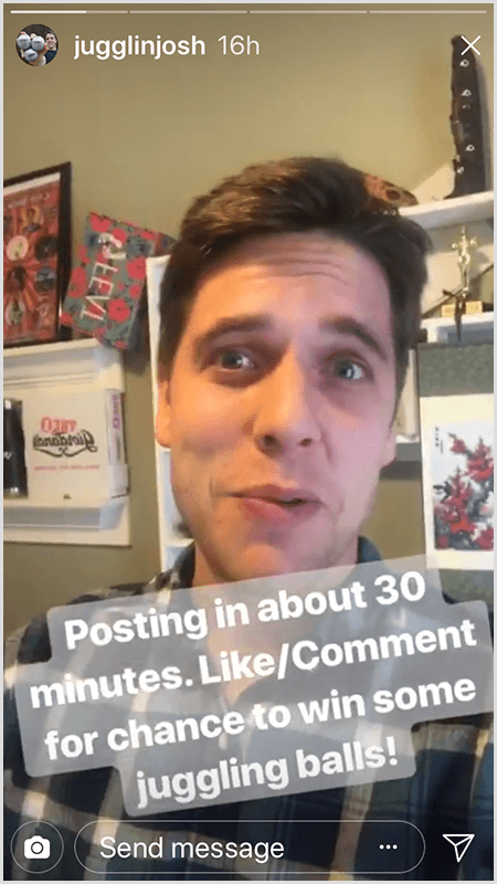 Džoša Hortona Instagram stāstu ierakstā redzams, kā Džošs ir vērsts pret kameru ar tekstu Izlikšana aptuveni 30 mintēs. Patīk / komentē, lai varētu uzvarēt dažas žonglēšanas bumbas!