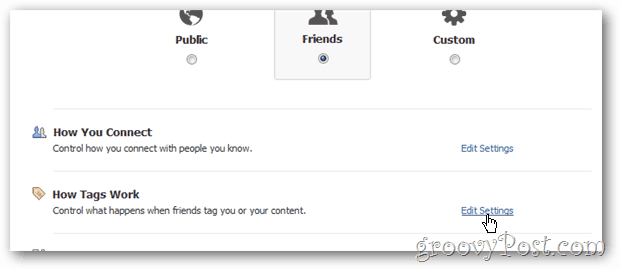 Facebook konfidencialitāte - konfigurējiet tagu darbību