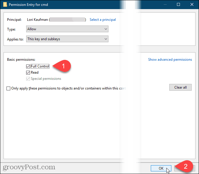 Pārbaudiet pilnu kontroli un Windows reģistra dialoglodziņā Atļaujas ievade noklikšķiniet uz Labi