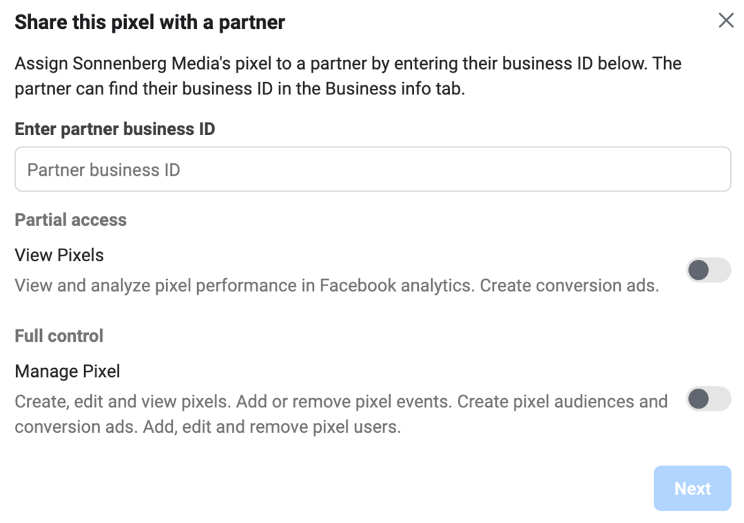 ekrāna Share This Pixel with a Partner attēls pakalpojumā Meta Business Manager